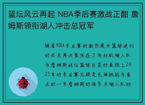 篮坛风云再起 NBA季后赛激战正酣 詹姆斯领衔湖人冲击总冠军